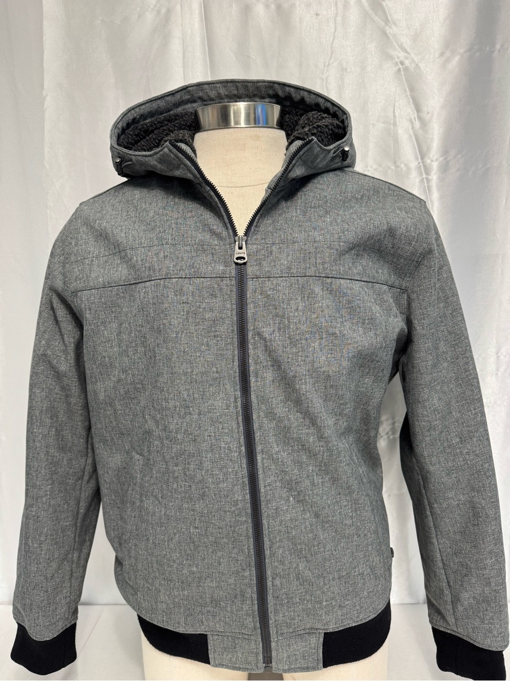 Levi Strauss Men’s Soft Shell Hooded Sherpa Lined Bomber Jacket- Heather Gray